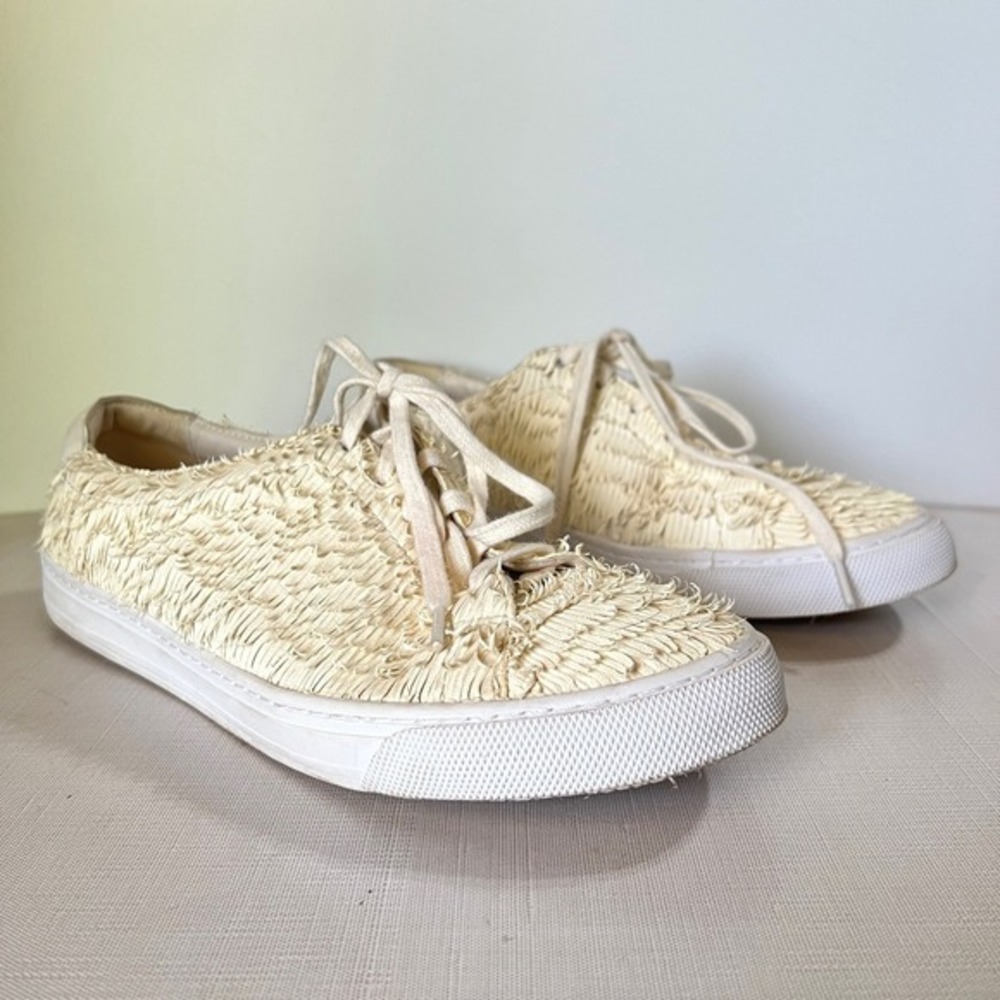 Loeffler Randall Boho Shaggy Raffia Fringe Cream Ivory Sneakers 10 Tennis Shoes